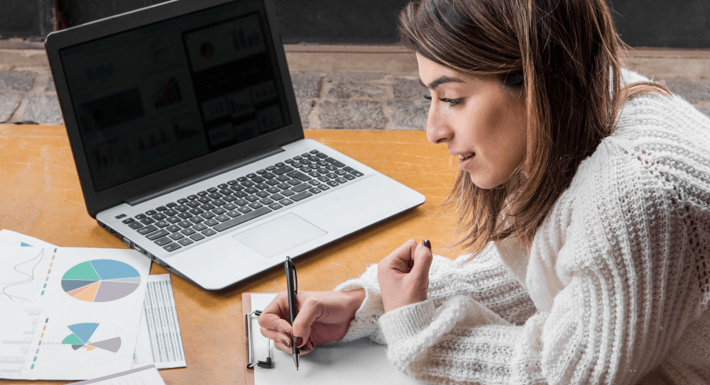 Woman taking an online assessment